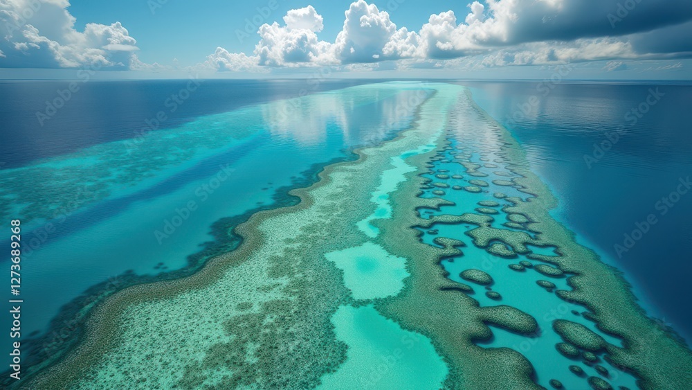 Fototapeta premium Aerial view of coral reef formations in clear turquoise ocean water