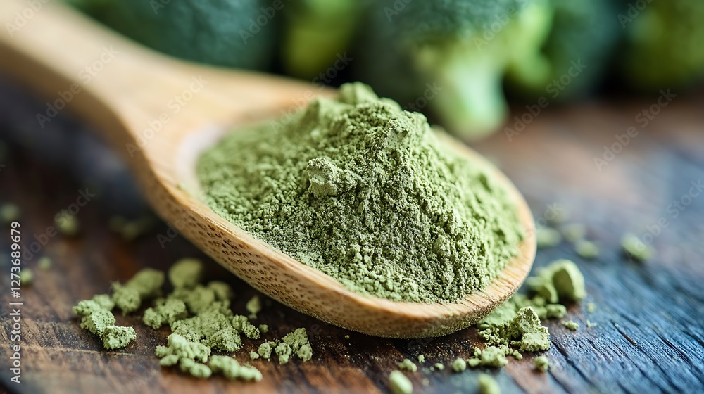 Broccoli Powder in Spoon with Fresh Vegetable on Wooden Surface Broccoli Powder in Spoon with Fresh Vegetable on Wooden Surface