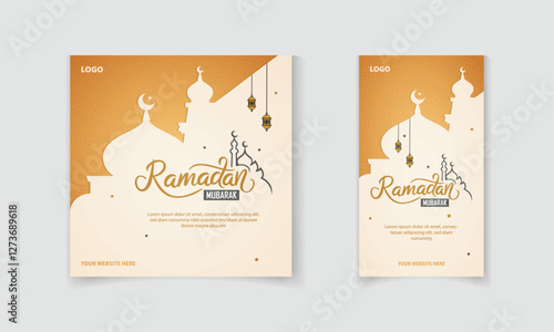 Ramadan Mubarak social media post and story template with Islamic pattern, masjid, moon, lamp vector