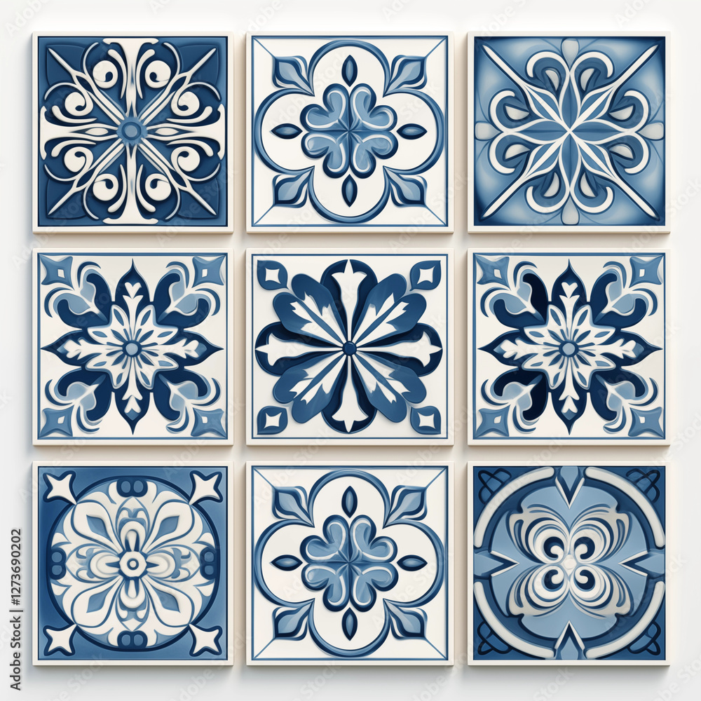 Blue and White Floral Tile Pattern Set Azulejo Style Square Ceramic Tiles Blue and White Floral Tile Pattern Set Azulejo Style Square Ceramic Tiles