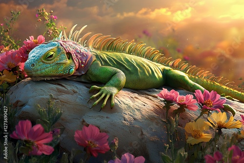A green iguana basking on a sunlit rock, surrounded by colorful wildflowers 