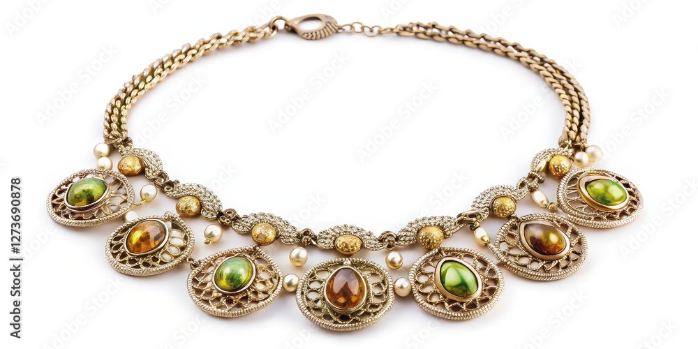 Antique Gold Necklace with Green and Amber Gemstones on White Background Antique Gold Necklace with Green and Amber Gemstones on White Background