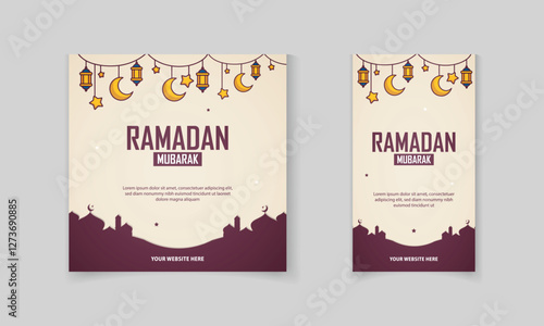 Ramadan Mubarak social media post template design with Islamic masjid, moon, lamp vector set post