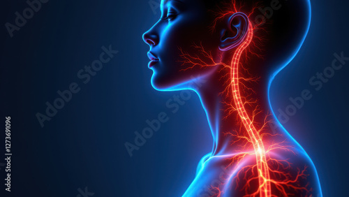 VNS, Vagus Nerve Stimulation; computer-generated illustration of a human head with highlighted neural pathways.