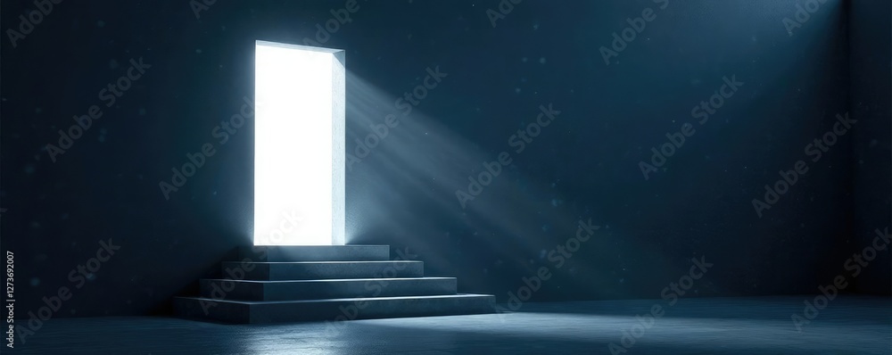 Gradual ascent into shining white door from dark space, glow, stairs, door Gradual ascent into shining white door from dark space, glow, stairs, door