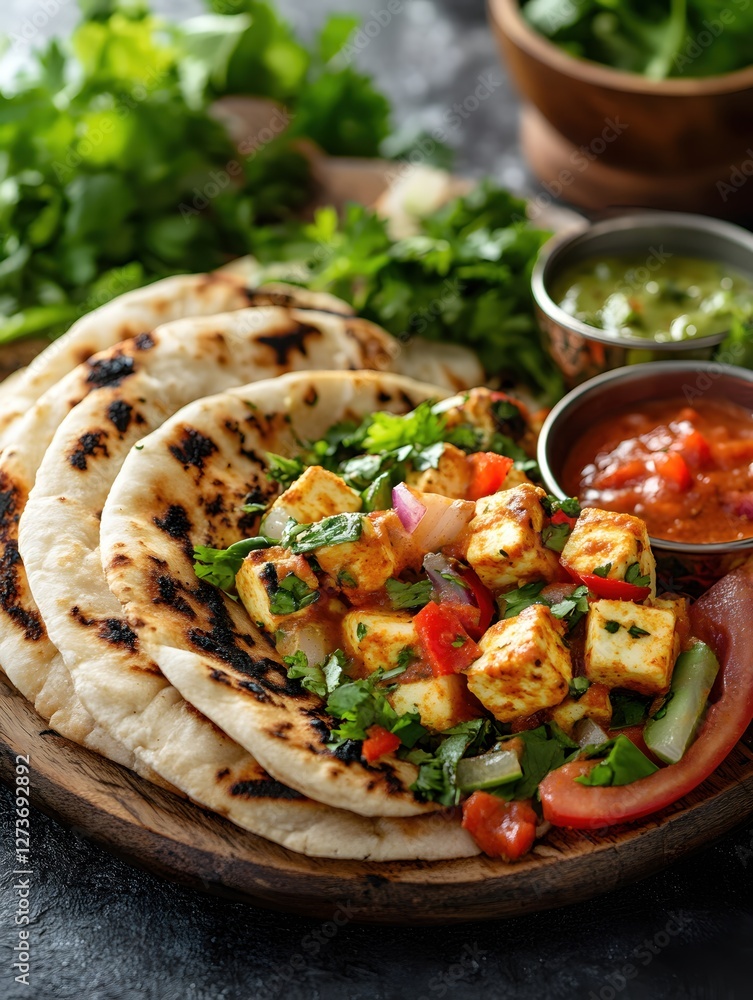 Delicious Paneer Tikka Masala Served with Fresh Naan Bread and Vibrant Chutneys on Wooden Board Delicious Paneer Tikka Masala Served with Fresh Naan Bread and Vibrant Chutneys on Wooden Board