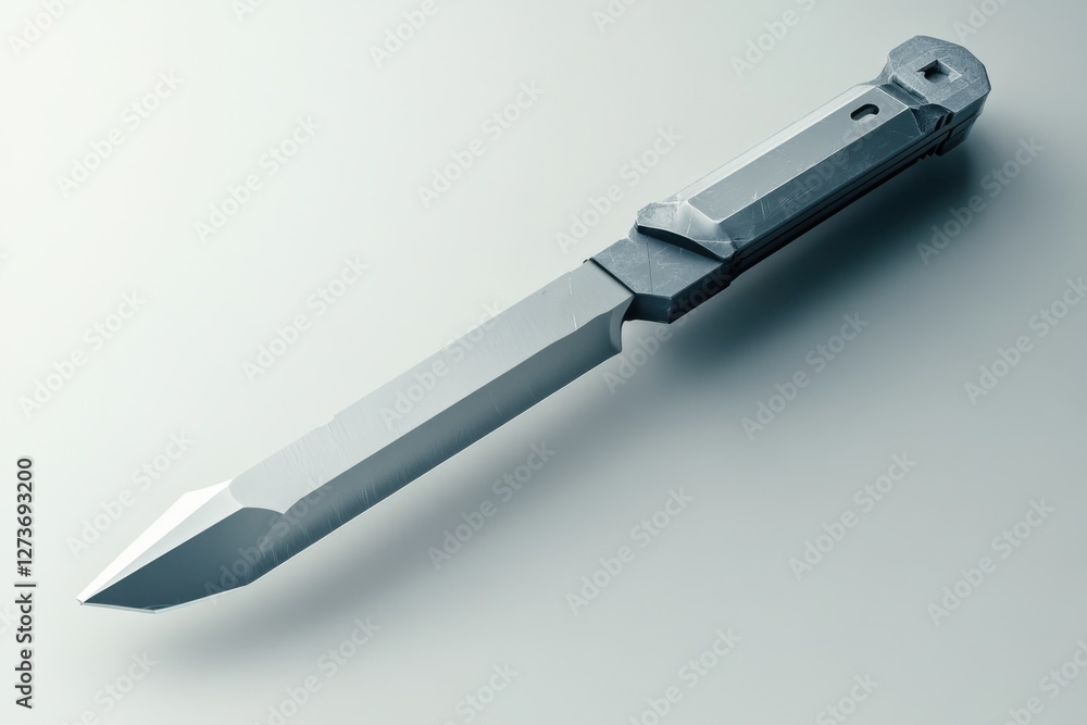 Sleek silver metal knife rests on a light colored surface Sleek silver metal knife rests on a light colored surface