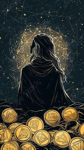 Nine of Pentacles tarot card, an astral queen surrounded by floating golden pentacles, her energy radiating cosmic prosperity, symbolizing selfsufficiency