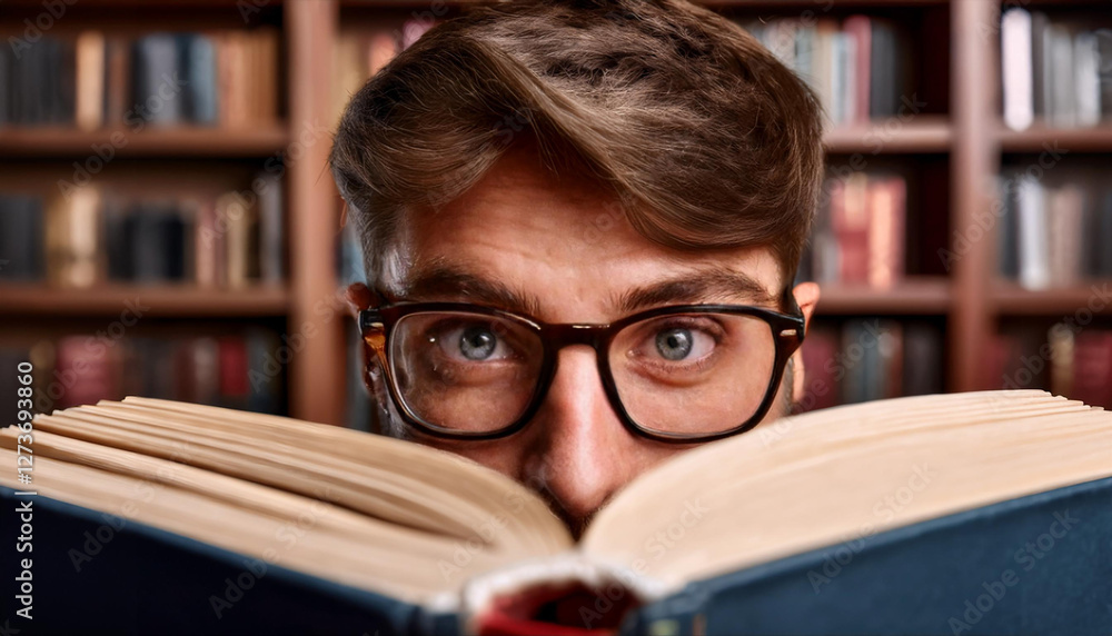 Junger Mann hinter einem Buch