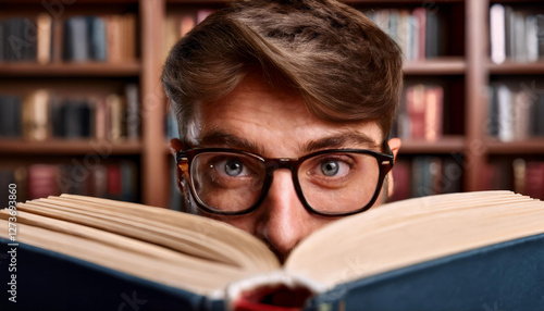 Obraz na płótnie Junger Mann hinter einem Buch w salonie
