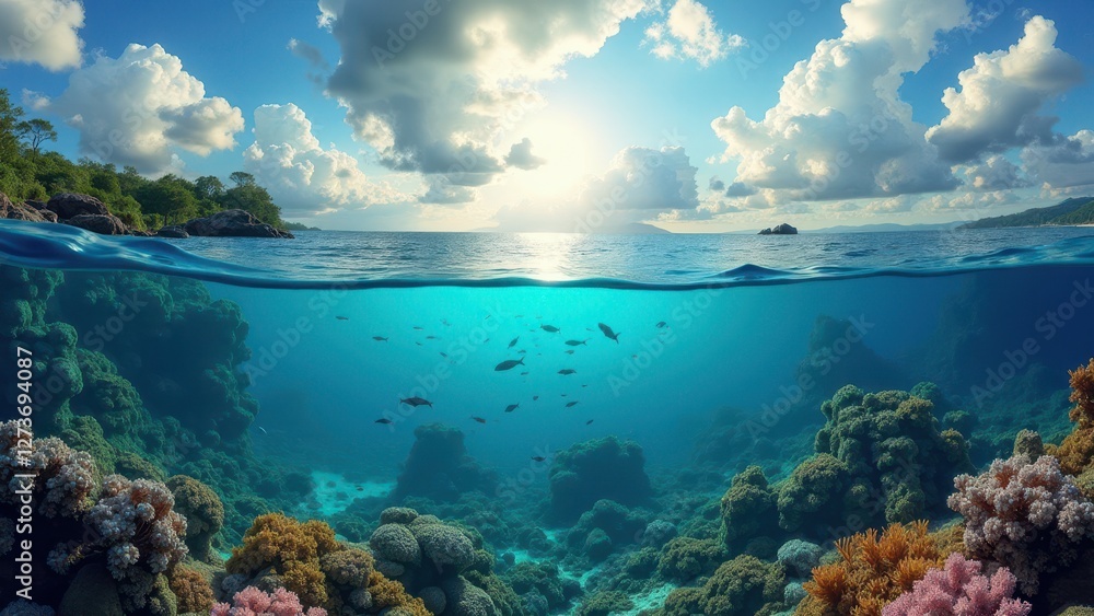 Naklejka premium Split view of vibrant coral reef underwater and blue sky with clouds above ocean surface 