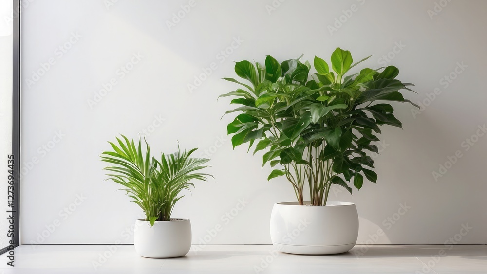Fototapeta premium A modern indoor plant in a white pot stands out against a minimalist wall, bringing nature into a modern atmosphere. The vivid green leaves contrast well with neutral tones. 