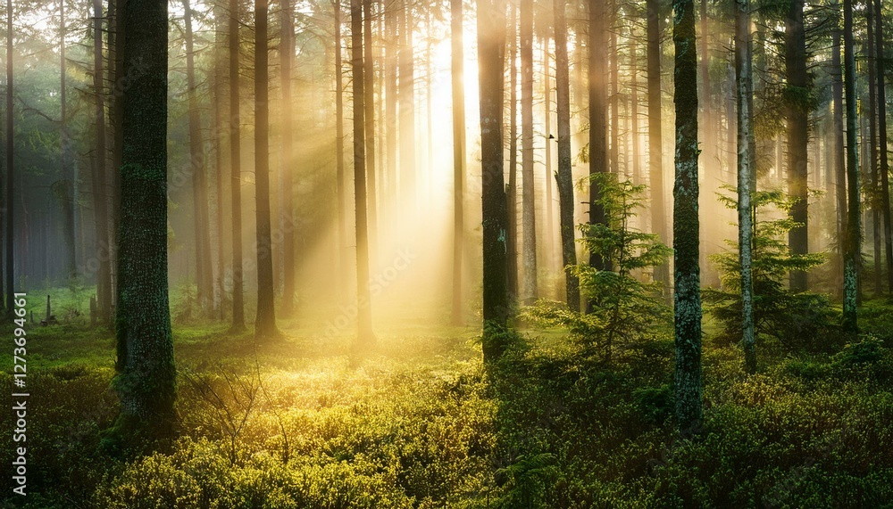 Obraz premium magical light in misty forest with the rays of gold sunlight illuminating the fog and vegetation and the tree trunks silhouettes creating depth panoramic shot