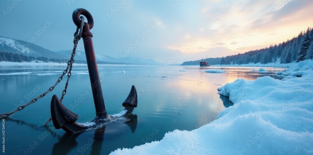 Fototapeta premium Anchor submerged under ice on the surface of a frozen lake, ferry, frozen, boat