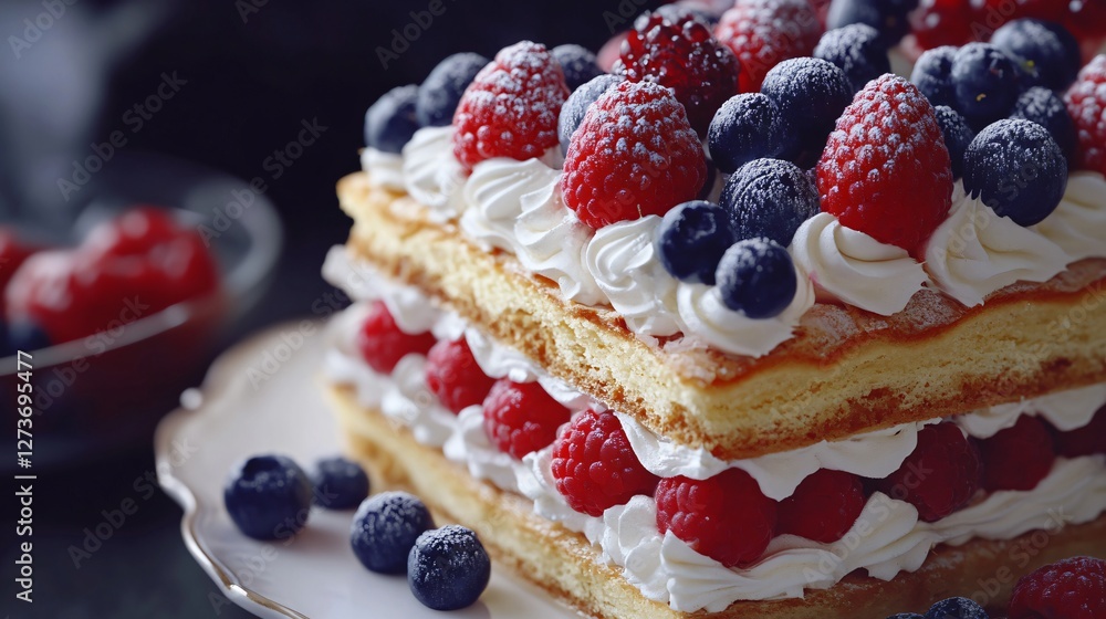 Mille-feuille Napoleon Cake with Berries in Ultra Detail Mille-feuille Napoleon Cake with Berries in Ultra Detail