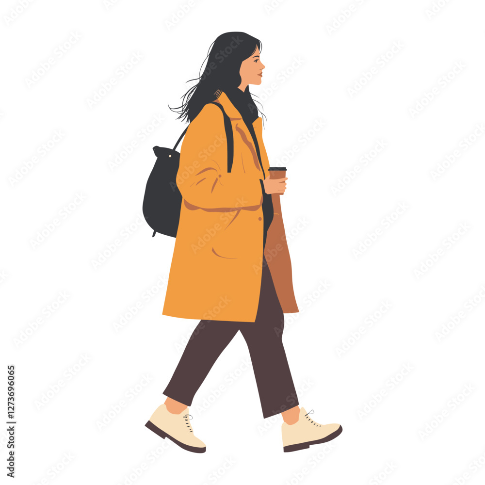 A woman wearing jacket walking illustration coffee vector A woman wearing jacket walking illustration coffee vector