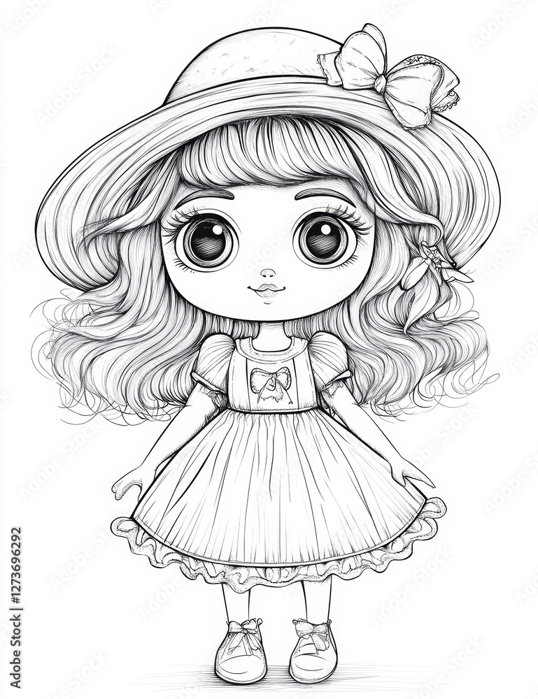 Fototapeta premium Beautiful and cute doll in a dress for colouring, black and white illustration for a colouring book