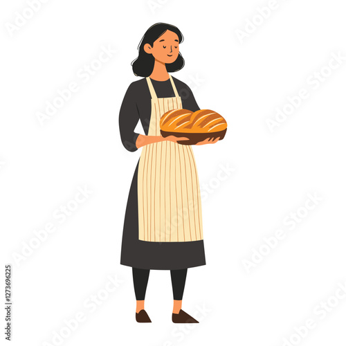 A woman baker with stripe apron illustration fresh bread vector