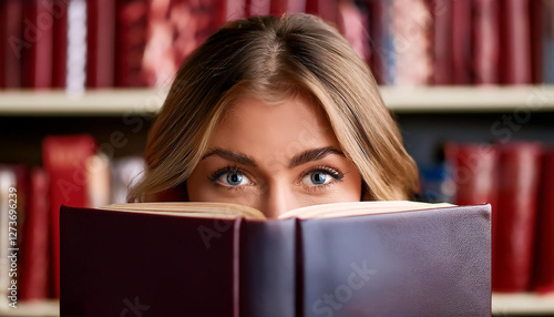 Junge Frau hinter einem Buch photo