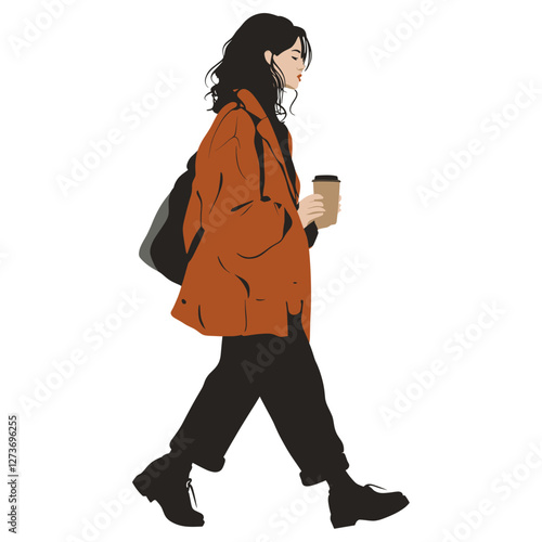 A woman wearing jacket walking illustration coffee vector