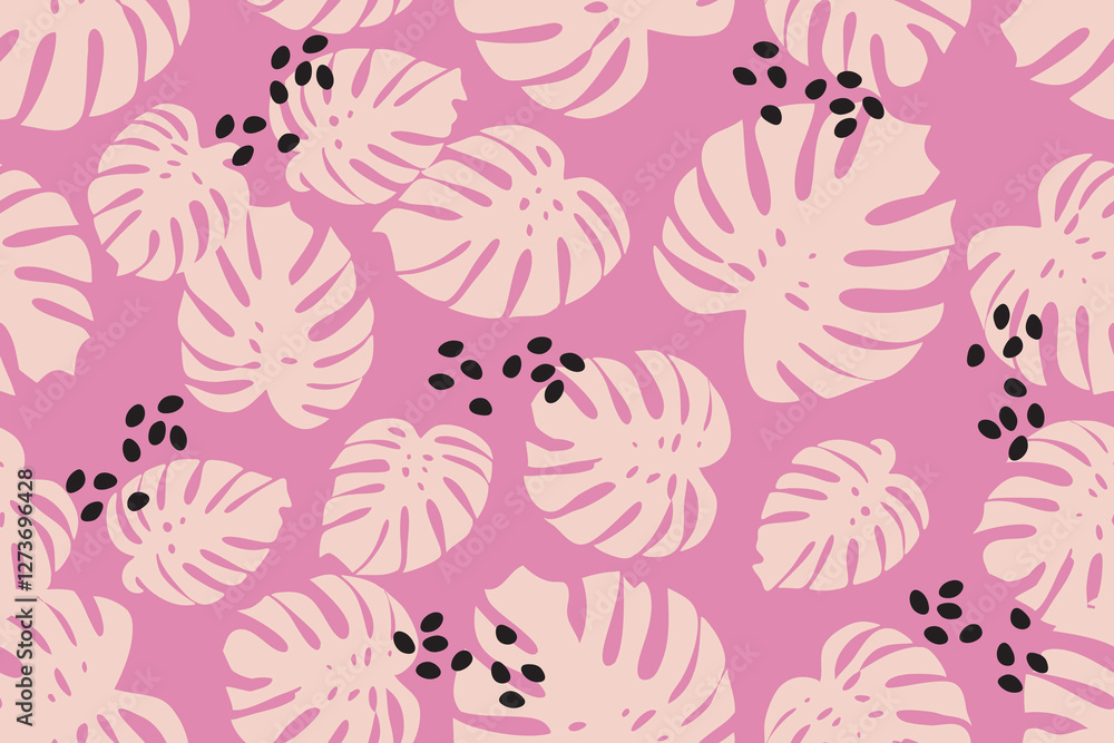 Tropical monstera leaves in soft pink background pattern design Tropical monstera leaves in soft pink background pattern design