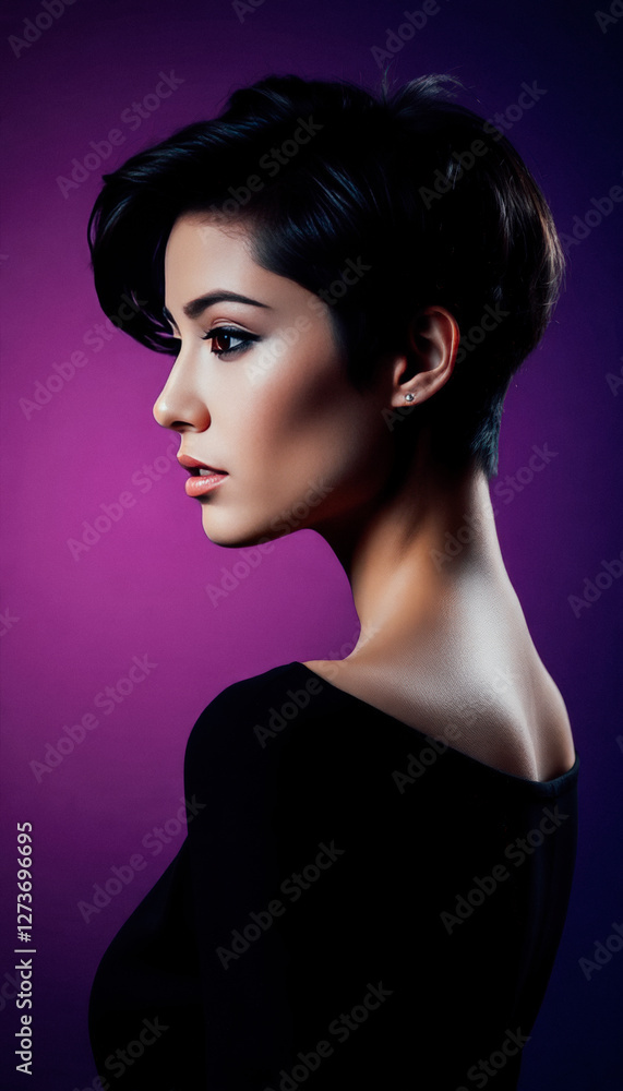 Fototapeta premium Stylish woman with short black hair posing elegantly against a purple background.