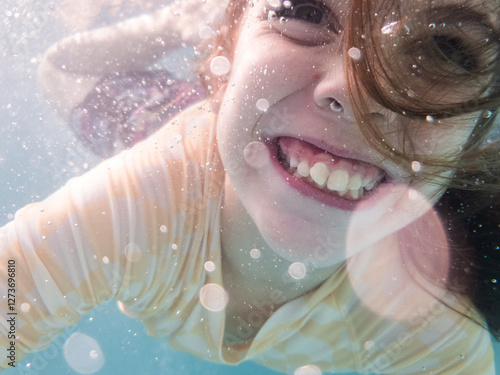 Tween girl swimming underwater in backyard pool water in summer with bubbles and hair over face photo