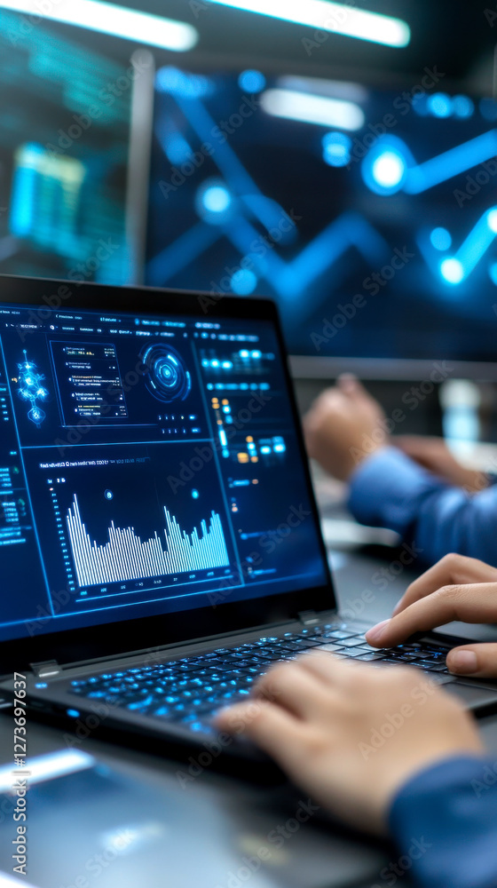 A person works on a laptop displaying data analytics, with charts and graphs illuminated on multiple screens in a modern tech environment. A person works on a laptop displaying data analytics, with charts and graphs illuminated on multiple screens in a modern tech environment.