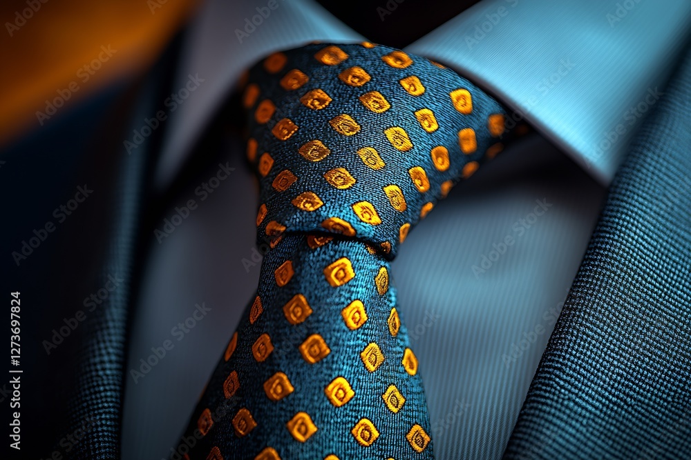 Closeup View of a Fashionable Neck Tie with Eye Catching Pattern and Tailored Suit Showcasing Modern Elegance : Generative AI