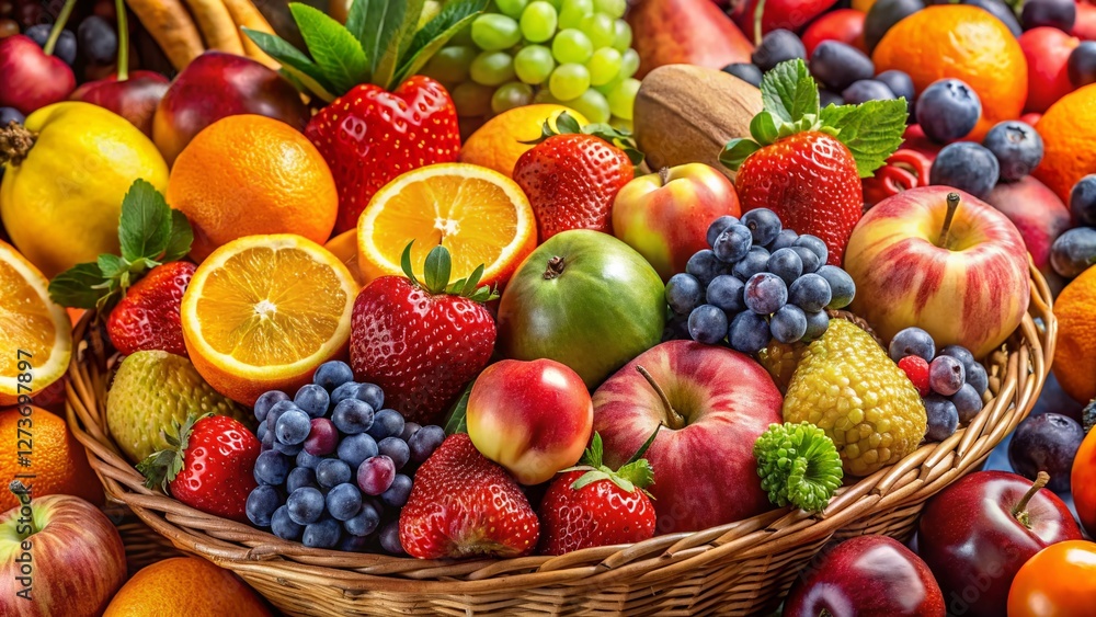 Lush Colorful Fruit Basket Overflowing with Fresh Produce Lush Colorful Fruit Basket Overflowing with Fresh Produce