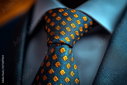 Obraz na płótnie Closeup View of a Fashionable Neck Tie with Eye Catching Pattern and Tailored Suit Showcasing Modern Elegance : Generative AI w salonie