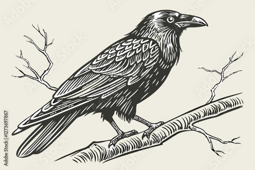  Black bird, detailed feathers, perched on branch, realistic illustration, graphite drawing style, side profile, sharp beak, round eye, textured background, monochrome, fine line work, ornithologica