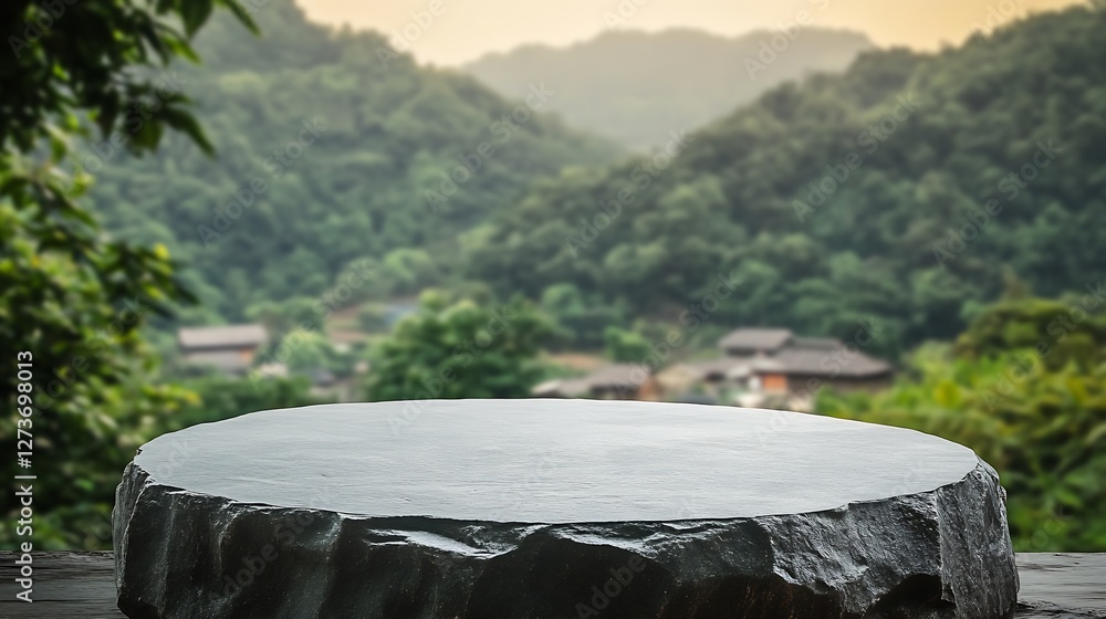 Serene Mountain Landscape with a Black Stone Circular Surface for Display or Presentation : Generative AI