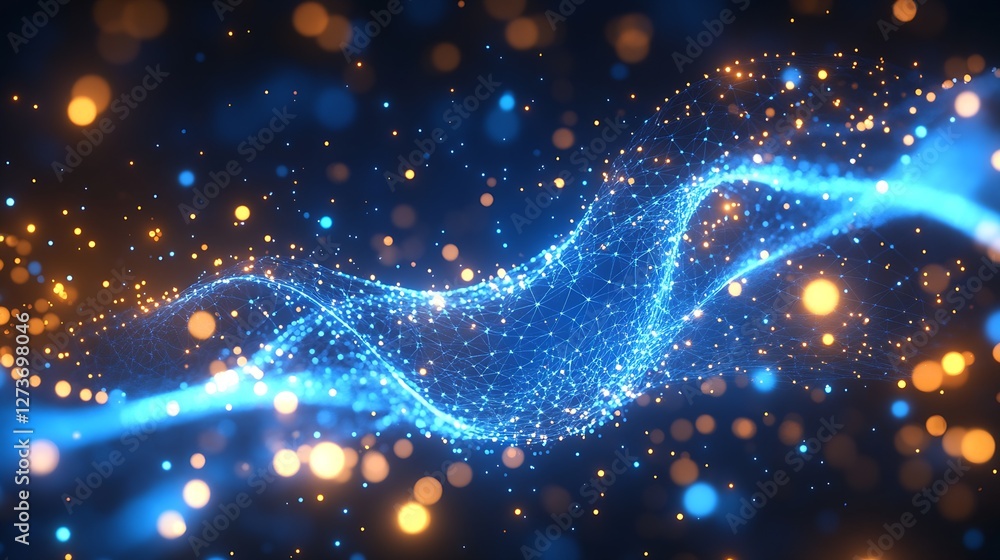 Vibrant Digital Waves Flowing with Sparkling Particles for Media and Graphics : Generative AI
