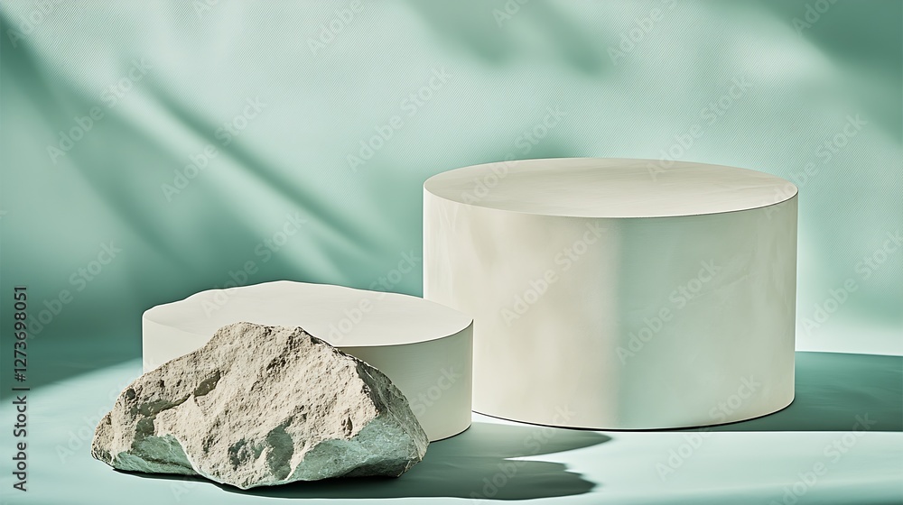 Minimalist display of sculptural forms and natural stones on a calming blue green background : Generative AI
