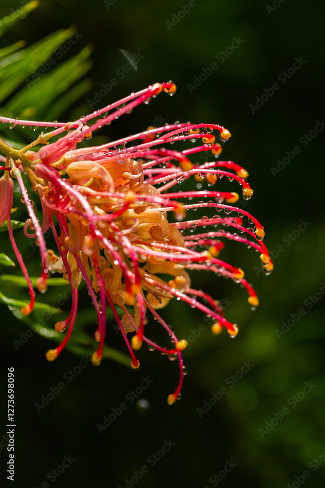 Macro close up of waterdrops on sunlit grevillea spider flower native Australian plant Macro close up of waterdrops on sunlit grevillea spider flower native Australian plant