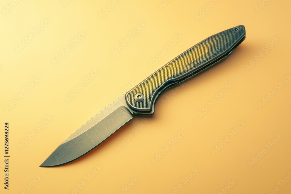 Obraz premium Folding pocket knife with gray and yellow handle on tan