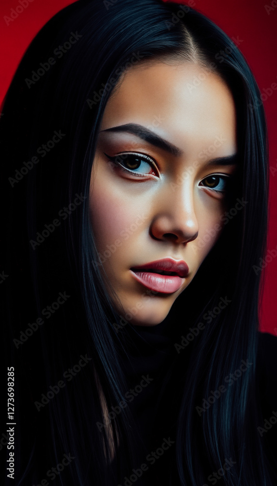 Intense close-up of a woman with sleek black hair and bold makeup against a deep red background. Intense close-up of a woman with sleek black hair and bold makeup against a deep red background.