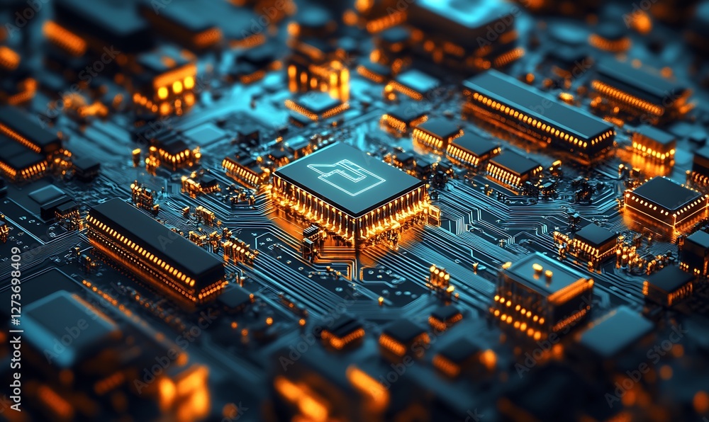 Intricate Detail of Modern Circuit Board Featuring Digital Tech Components and Glowing Points : Generative AI