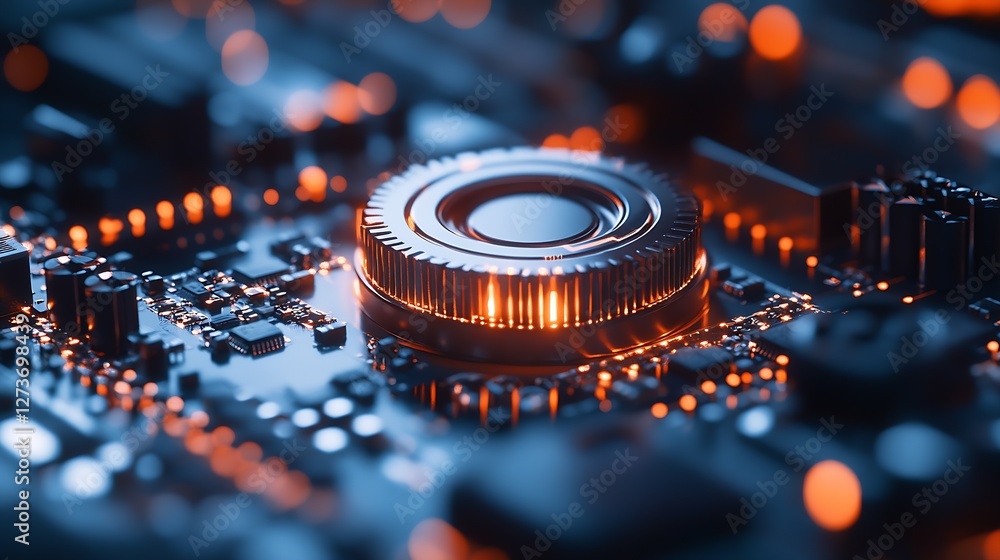 Macro Image of a Silver Component on a Circuit Board with LED Lights : Generative AI