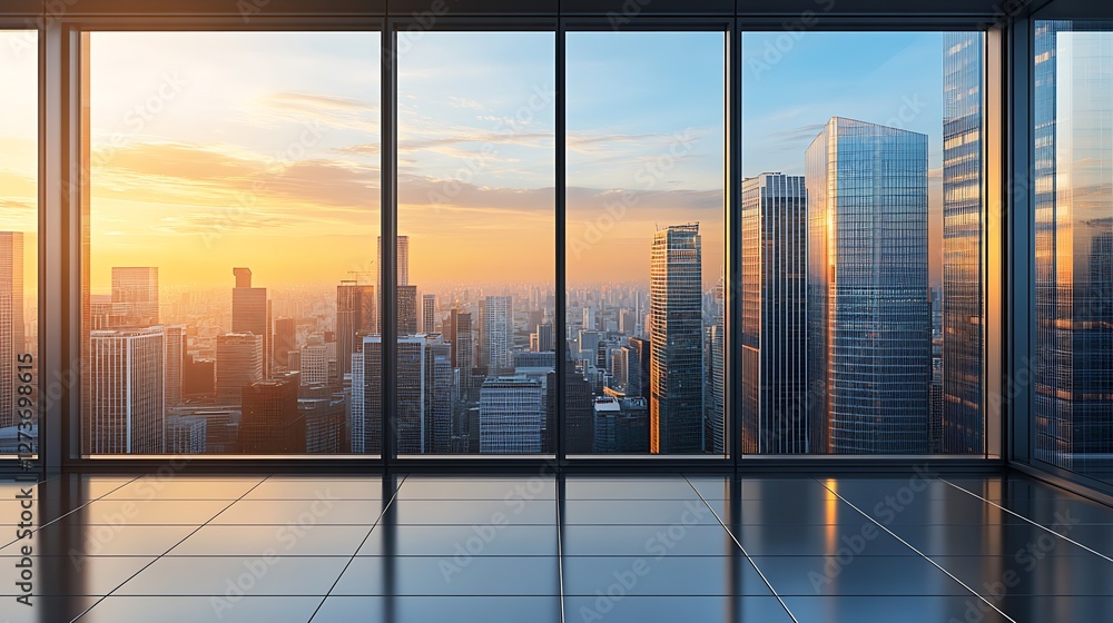Stunning Cityscape View from Modern Office with Floor to Ceiling Windows at Sunset : Generative AI