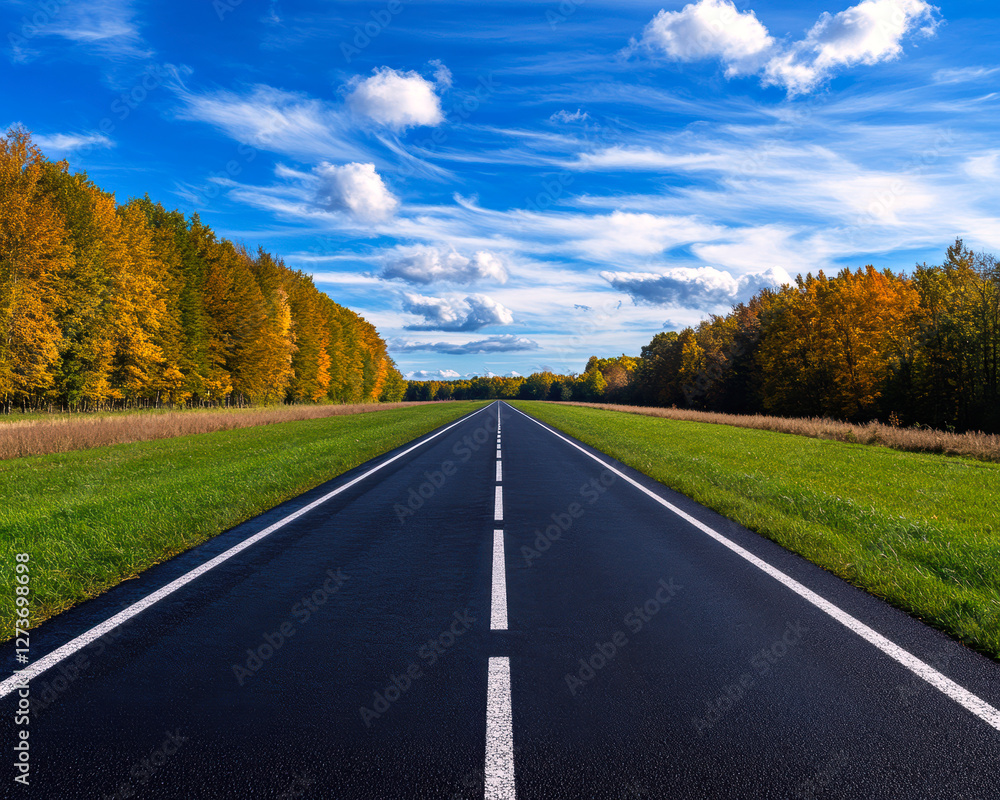Fototapeta premium A picturesque view of a straight road flanked by vibrant autumn trees under a bright blue sky, inviting a peaceful journey through nature's colorful transformation.