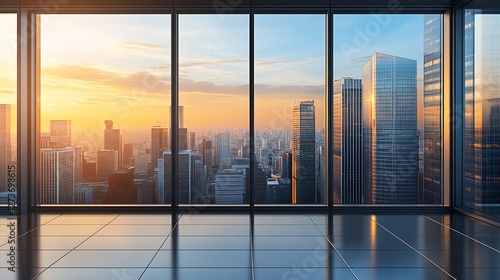 Obraz na płótnie Stunning Cityscape View from Modern Office with Floor to Ceiling Windows at Sunset : Generative AI w salonie