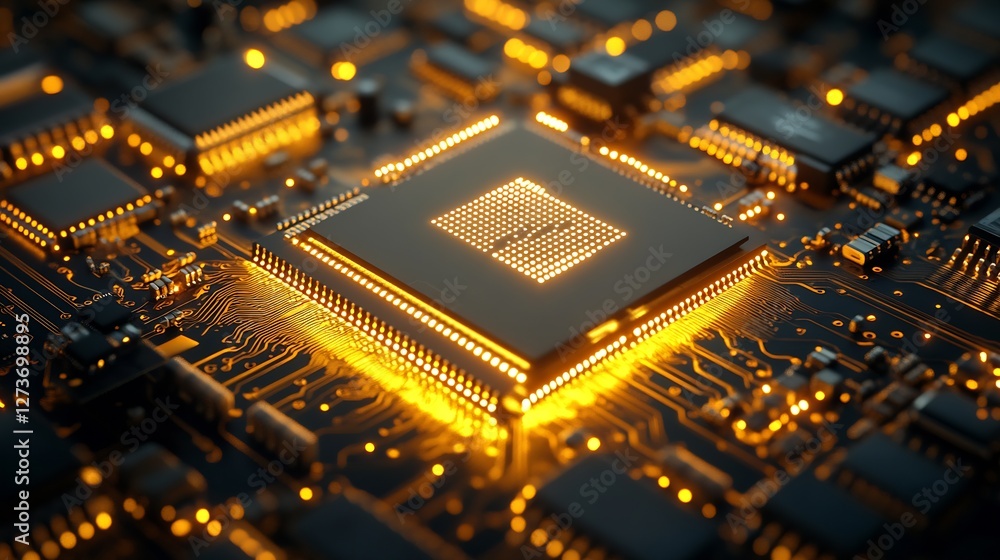 Intricate glowing circuit board detail highlighting a central microprocessor technology : Generative AI