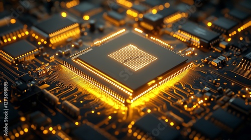 Obraz na płótnie Intricate glowing circuit board detail highlighting a central microprocessor technology : Generative AI w salonie
