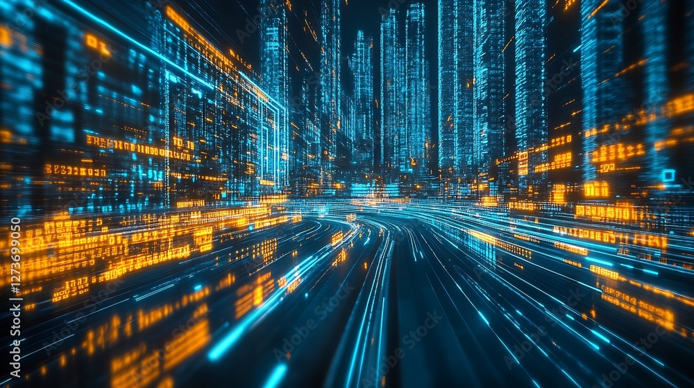 Dynamic Data Flow through Futuristic City Streets Illuminated by Bright Lights : Generative AI