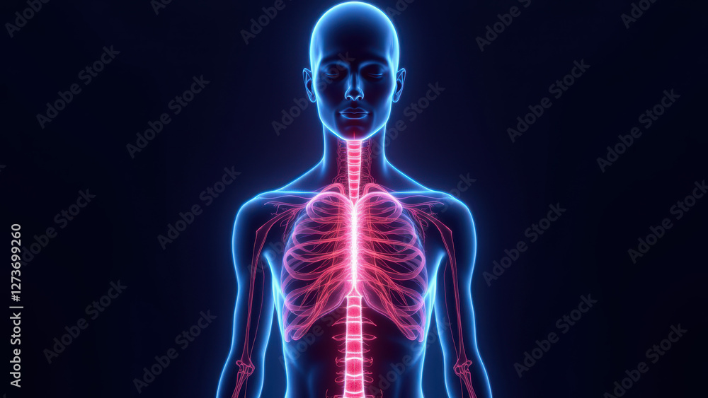 A person's torso with highlighted internal anatomy including skeletal structure and respiratory system, emphasizing VNS (Vagus Nerve Stimulation). A person's torso with highlighted internal anatomy including skeletal structure and respiratory system, emphasizing VNS (Vagus Nerve Stimulation).