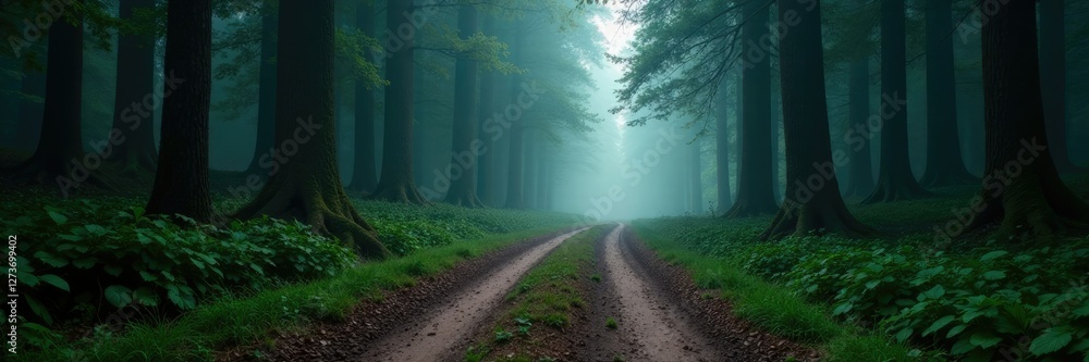 Obraz premium A winding dirt road disappears into the depths of a dense forest, dirt road, mysterious, misty atmosphere