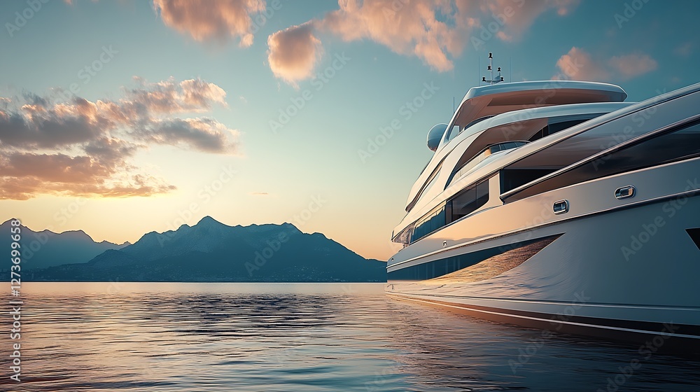 Elegant Yacht Gliding Over Calm Waters with Dramatic Mountain Backdrop at Dusk : Generative AI