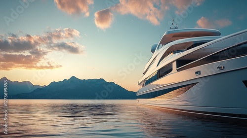 Elegant Yacht Gliding Over Calm Waters with Dramatic Mountain Backdrop at Dusk : Generative AI